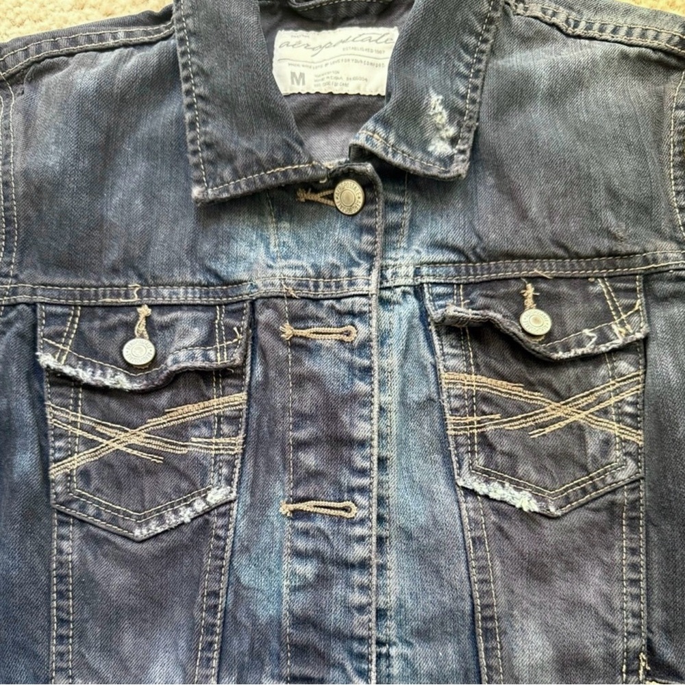 Rhinestone Inlaid Star Patched Upcycled Distressed Blue Black Denim Jean Jacket - Picture 10 of 12